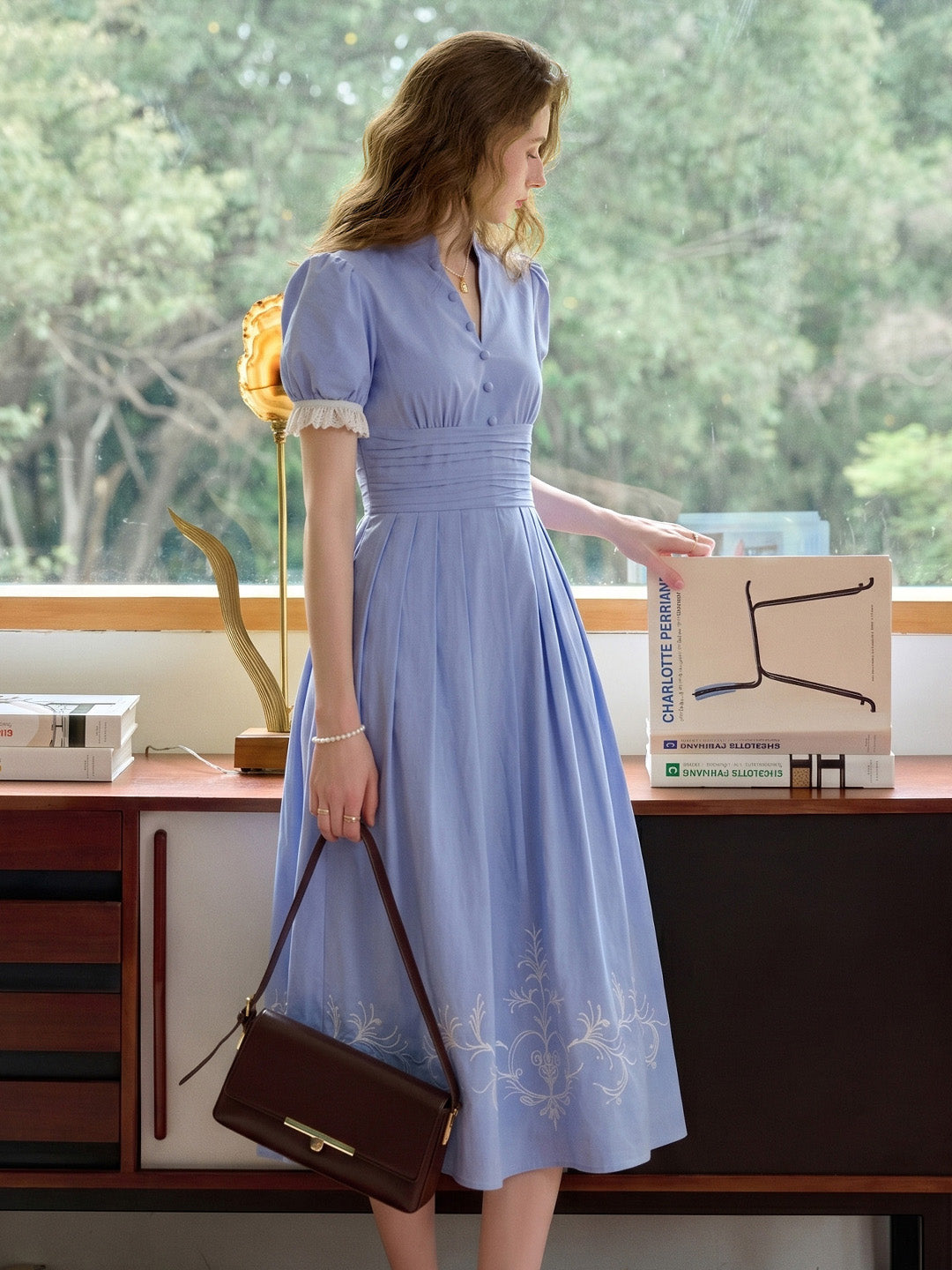Ocean V-Neck Puff Sleeves 100% Cotton Dress