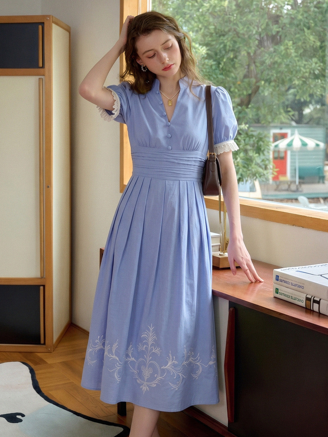 Ocean V-Neck Puff Sleeves 100% Cotton Dress