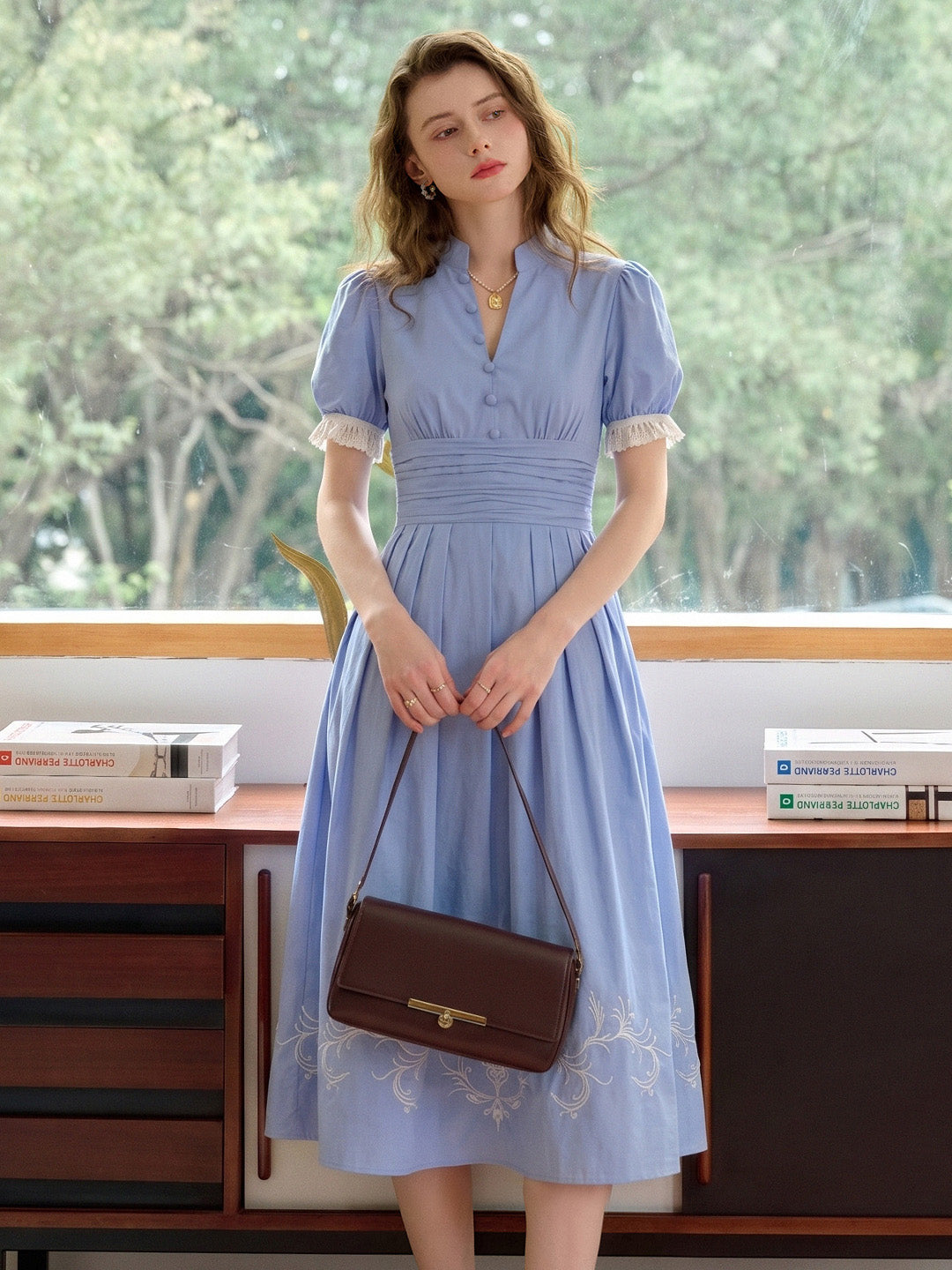 Ocean V-Neck Puff Sleeves 100% Cotton Dress