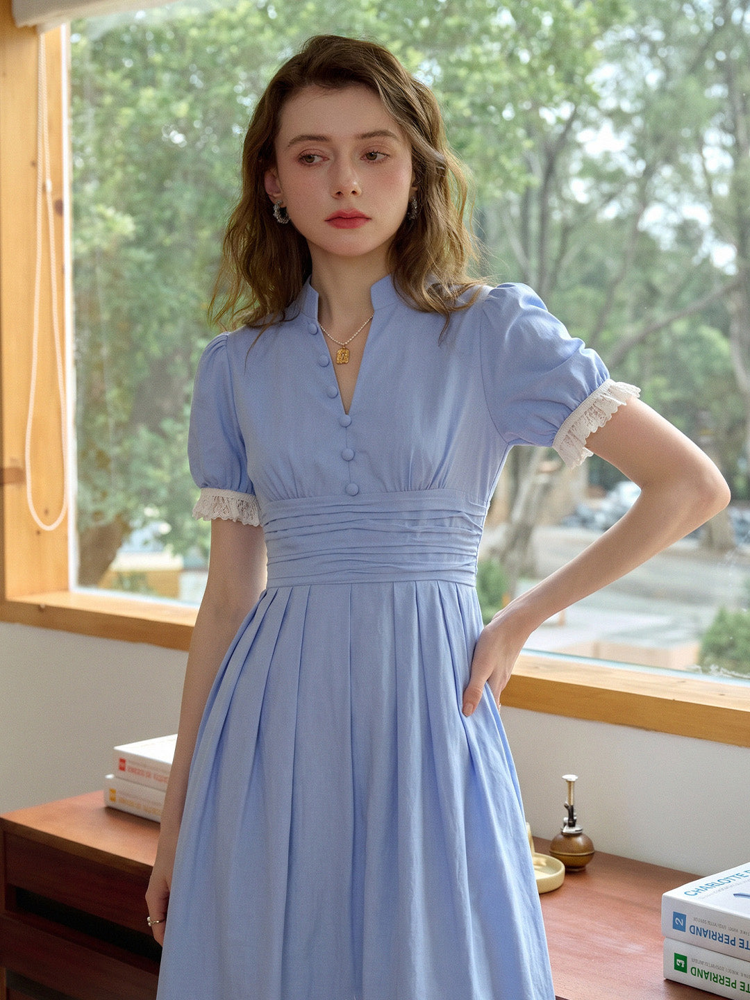 Ocean V-Neck Puff Sleeves 100% Cotton Dress