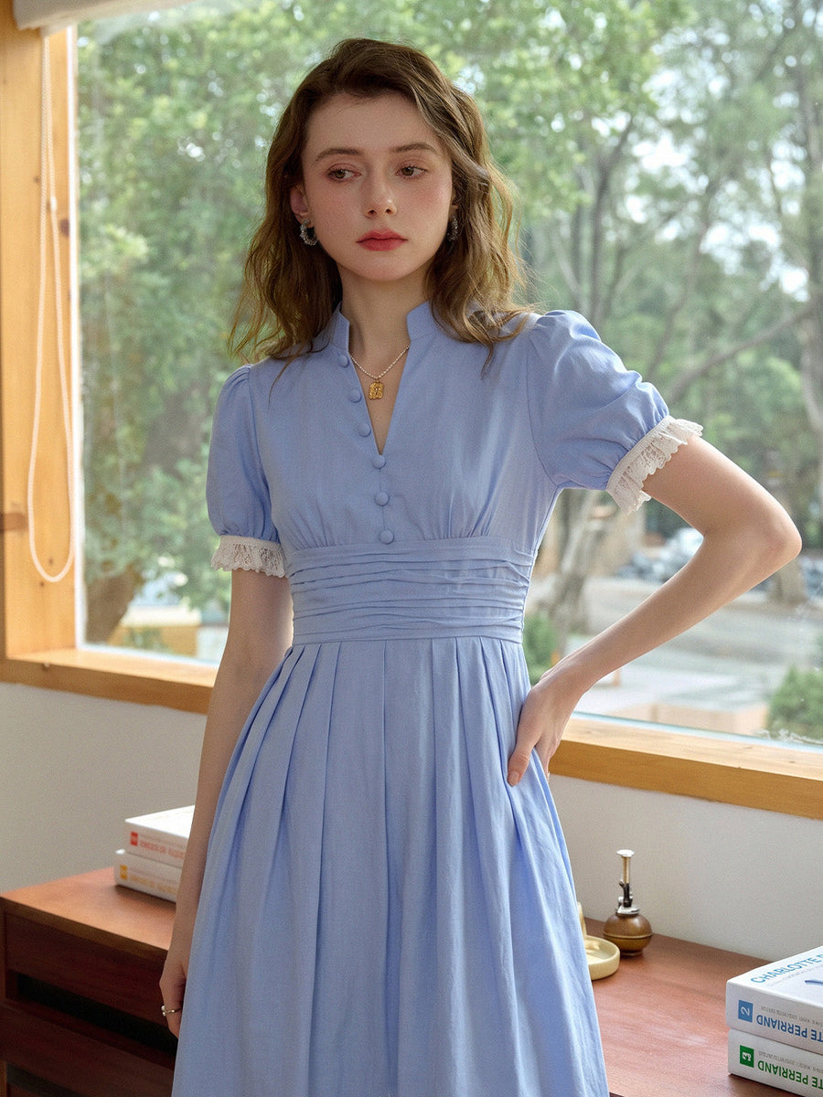 Ocean V-Neck Puff Sleeves 100% Cotton Dress