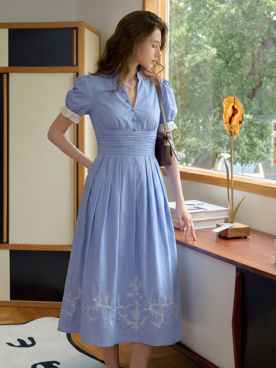 Ocean V-Neck Puff Sleeves 100% Cotton Dress
