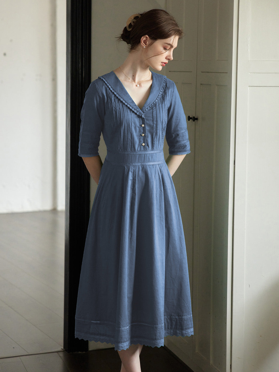 Fiona 100% Cotton Demin Blue Midi Dress