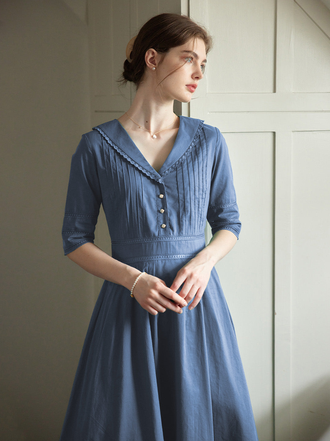 Fiona 100% Cotton Demin Blue Midi Dress