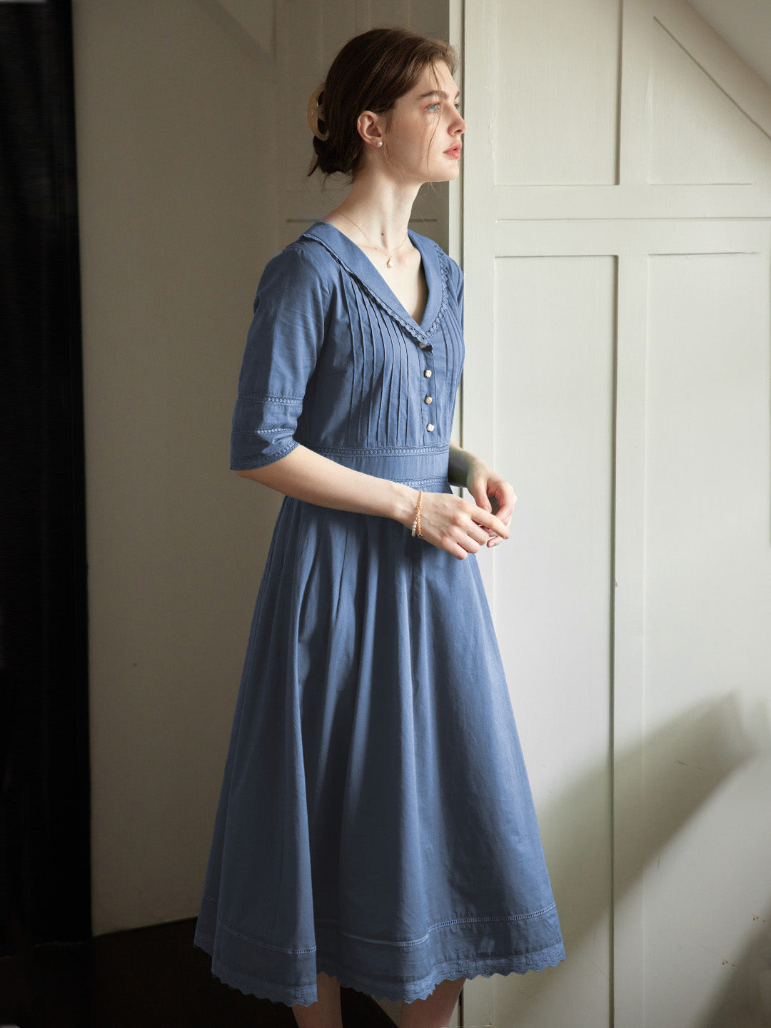 Fiona 100% Cotton Demin Blue Midi Dress