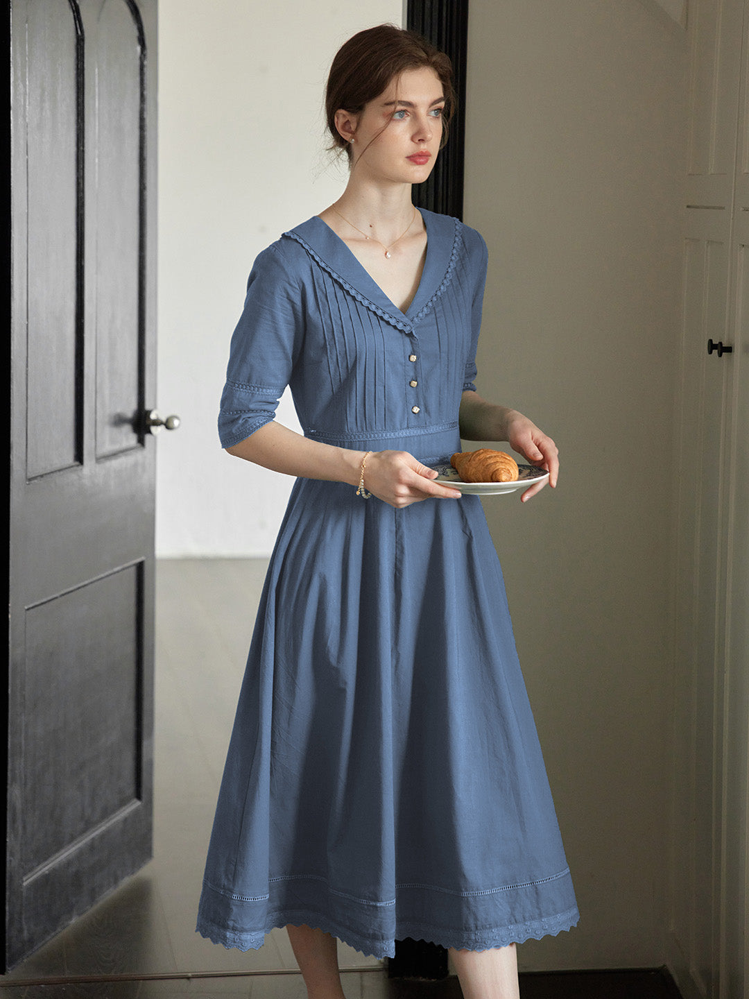 Fiona 100% Cotton Demin Blue Midi Dress