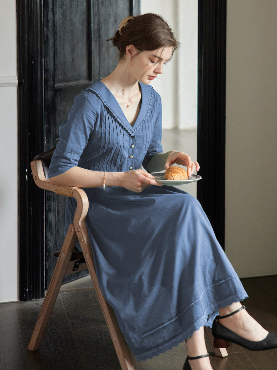 Fiona 100% Cotton Demin Blue Midi Dress