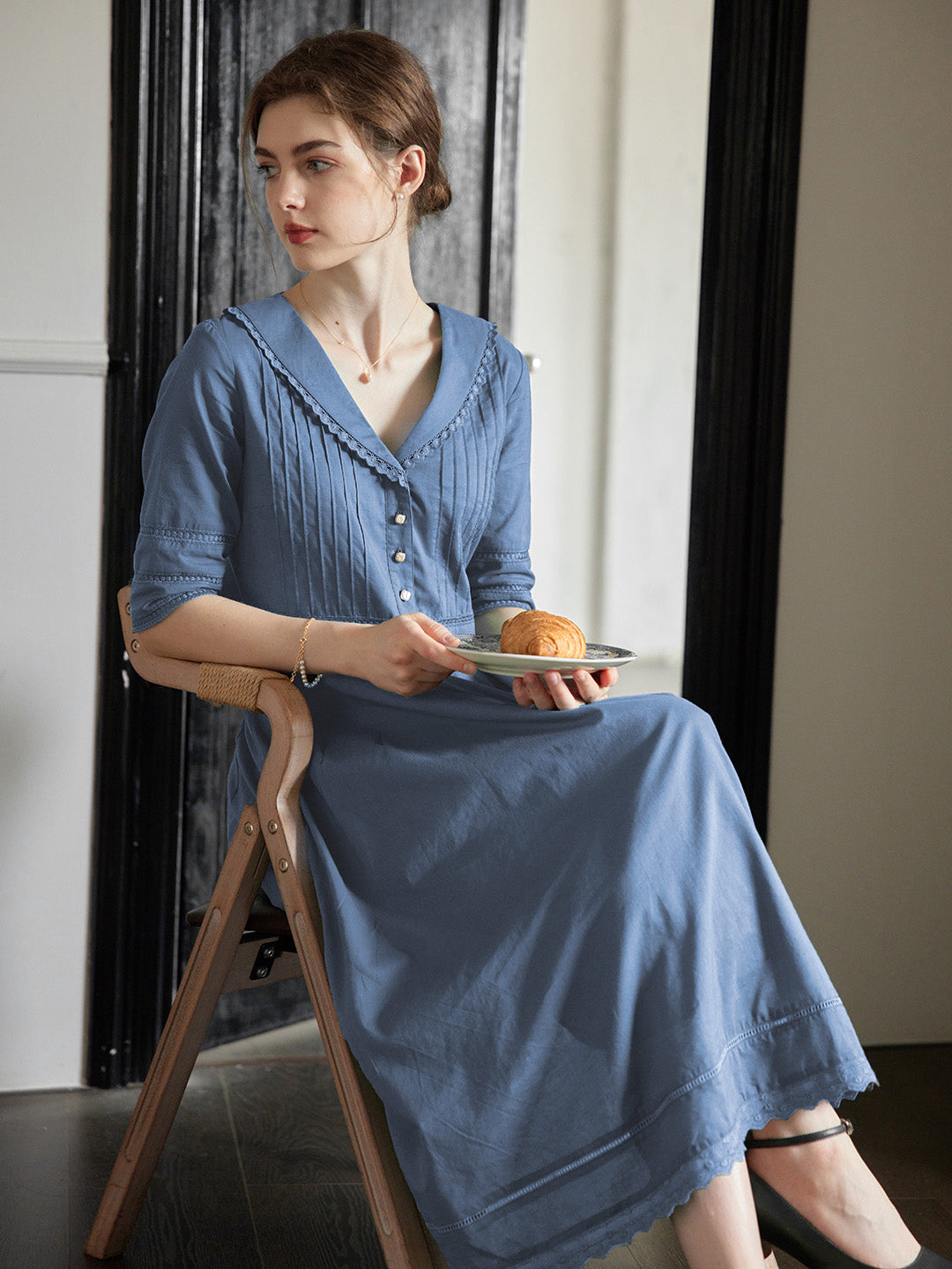 Fiona 100% Cotton Demin Blue Midi Dress