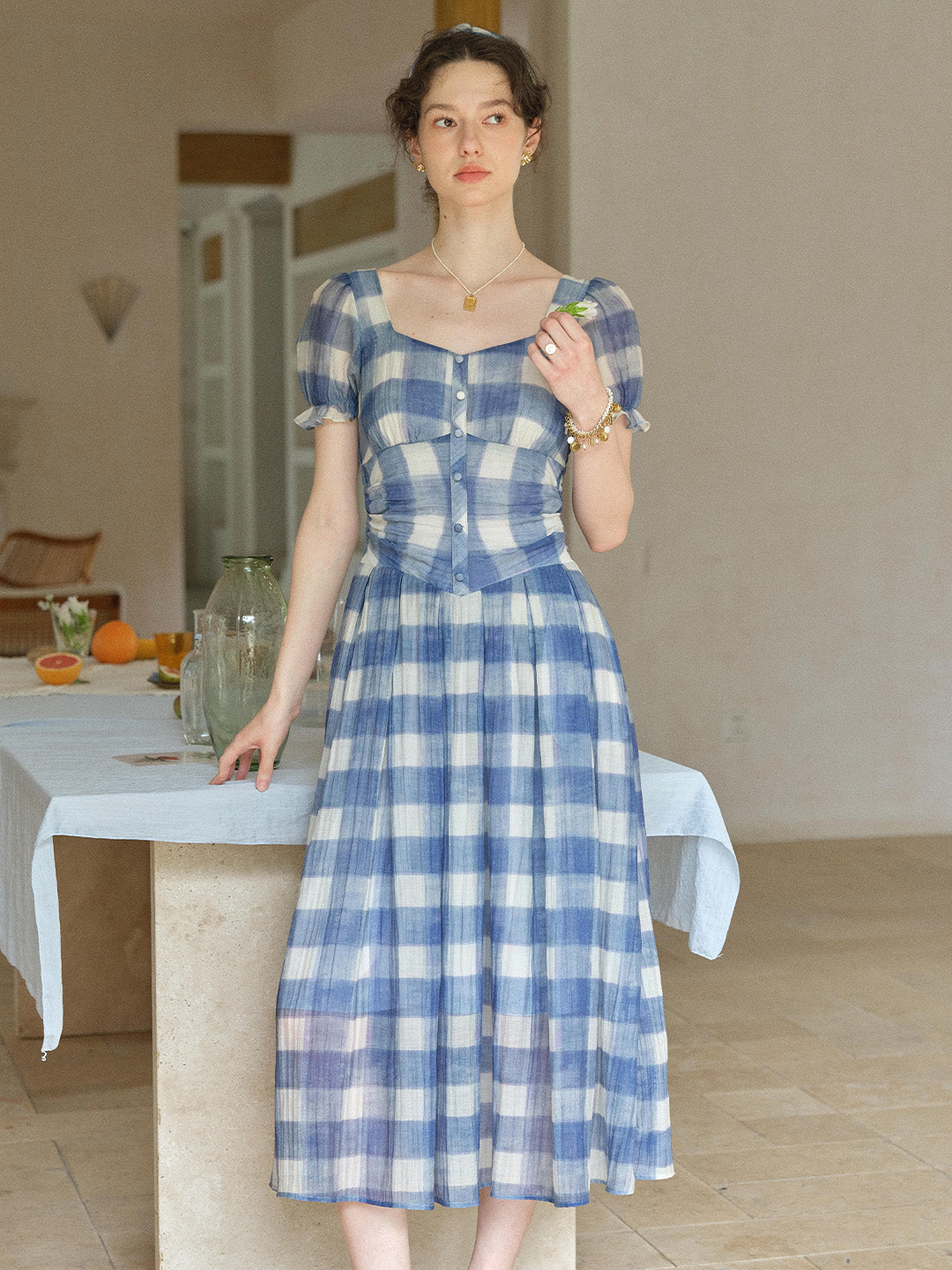 Cleo Sweetheart Neck Plaid Dress