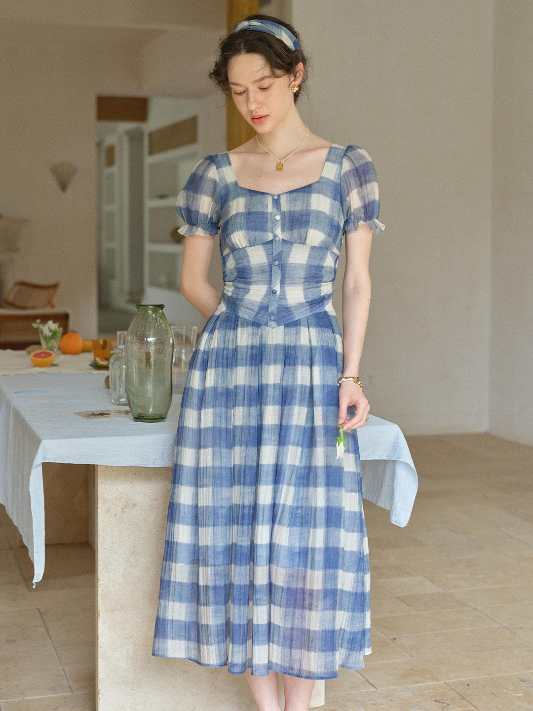 Cleo Sweetheart Neck Plaid Dress