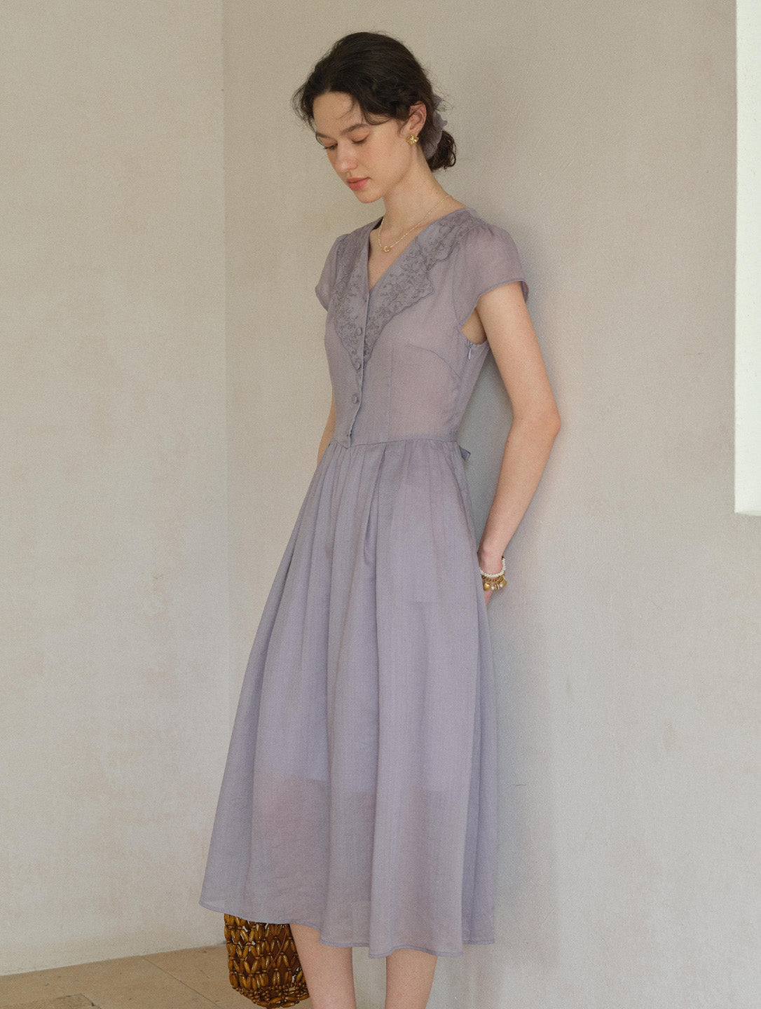 Rebecca V-Neck Embroidery Ramie Dress
