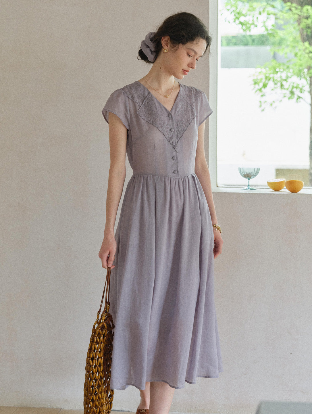 Rebecca V-Neck Embroidery Ramie Dress