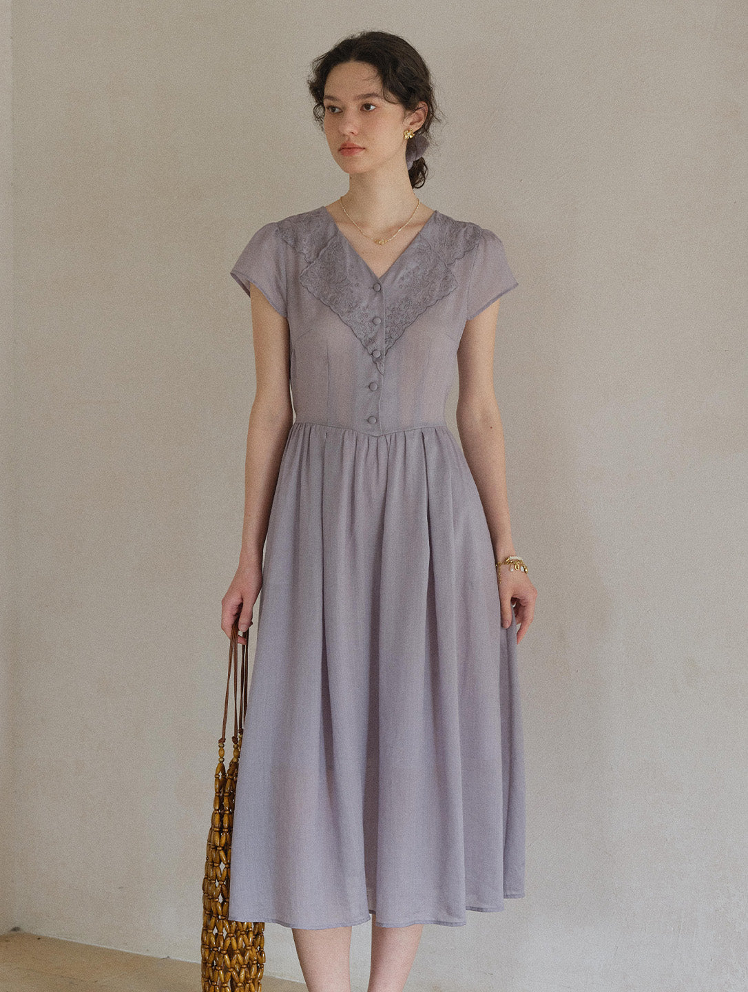Rebecca V-Neck Embroidery Ramie Dress