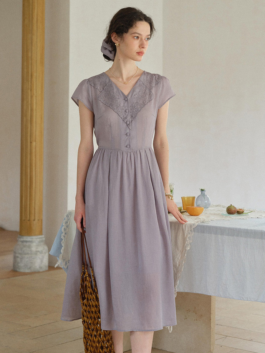 Rebecca V-Neck Embroidery Ramie Dress
