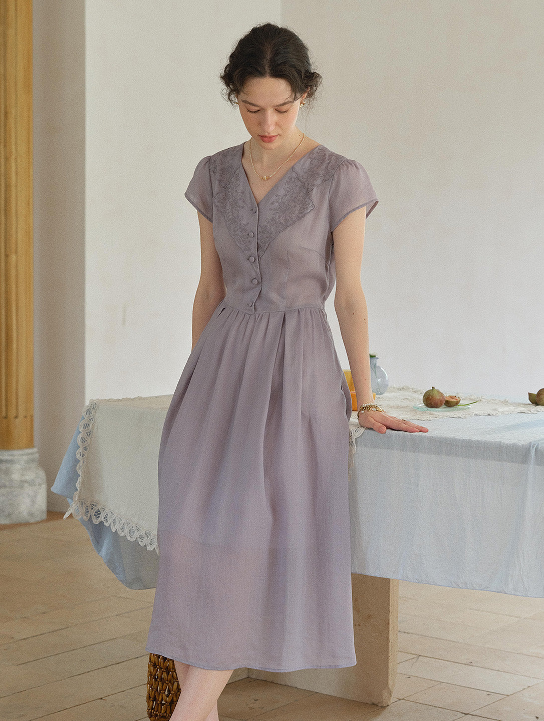Rebecca V-Neck Embroidery Ramie Dress