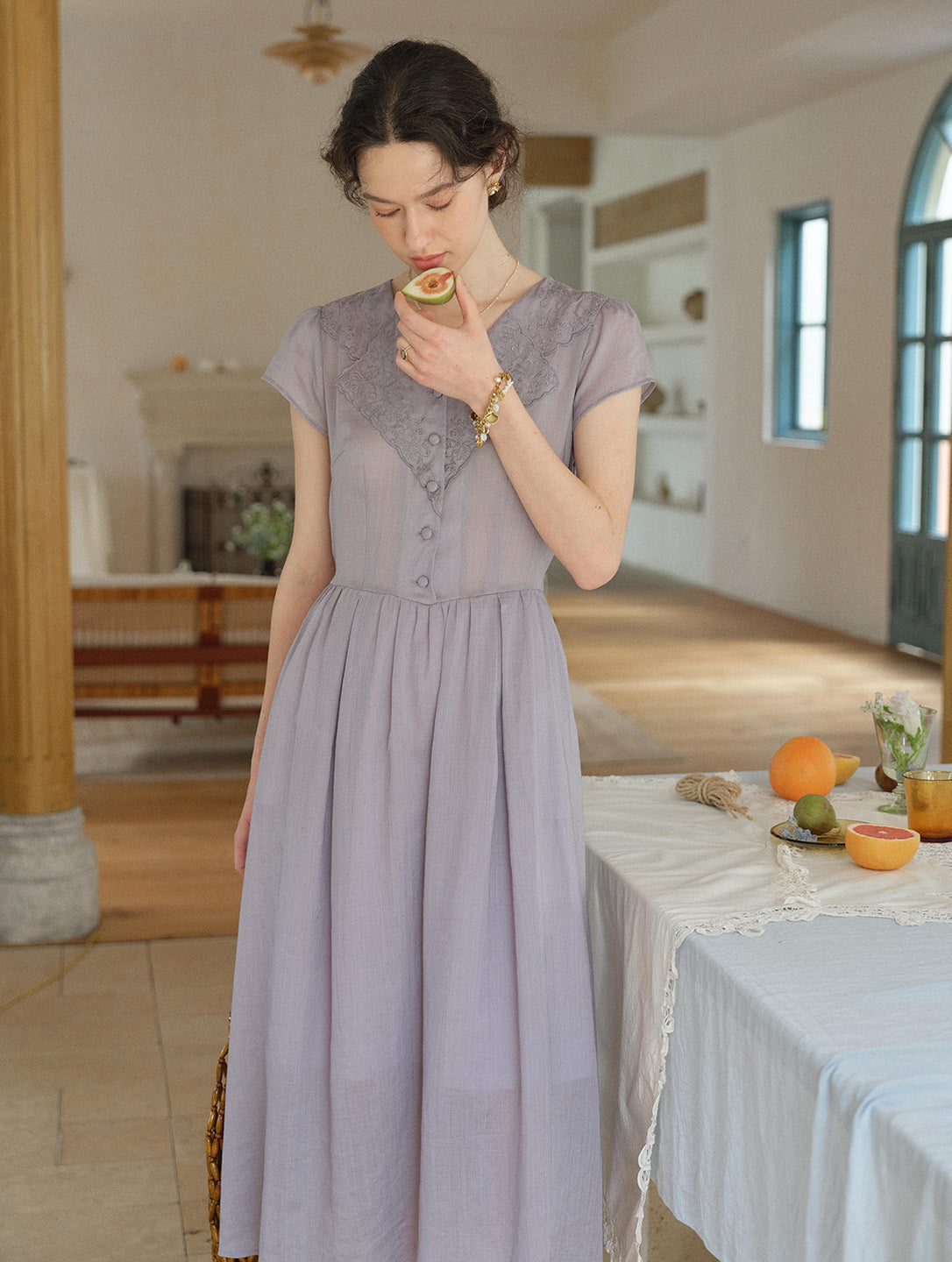 Rebecca V-Neck Embroidery Ramie Dress