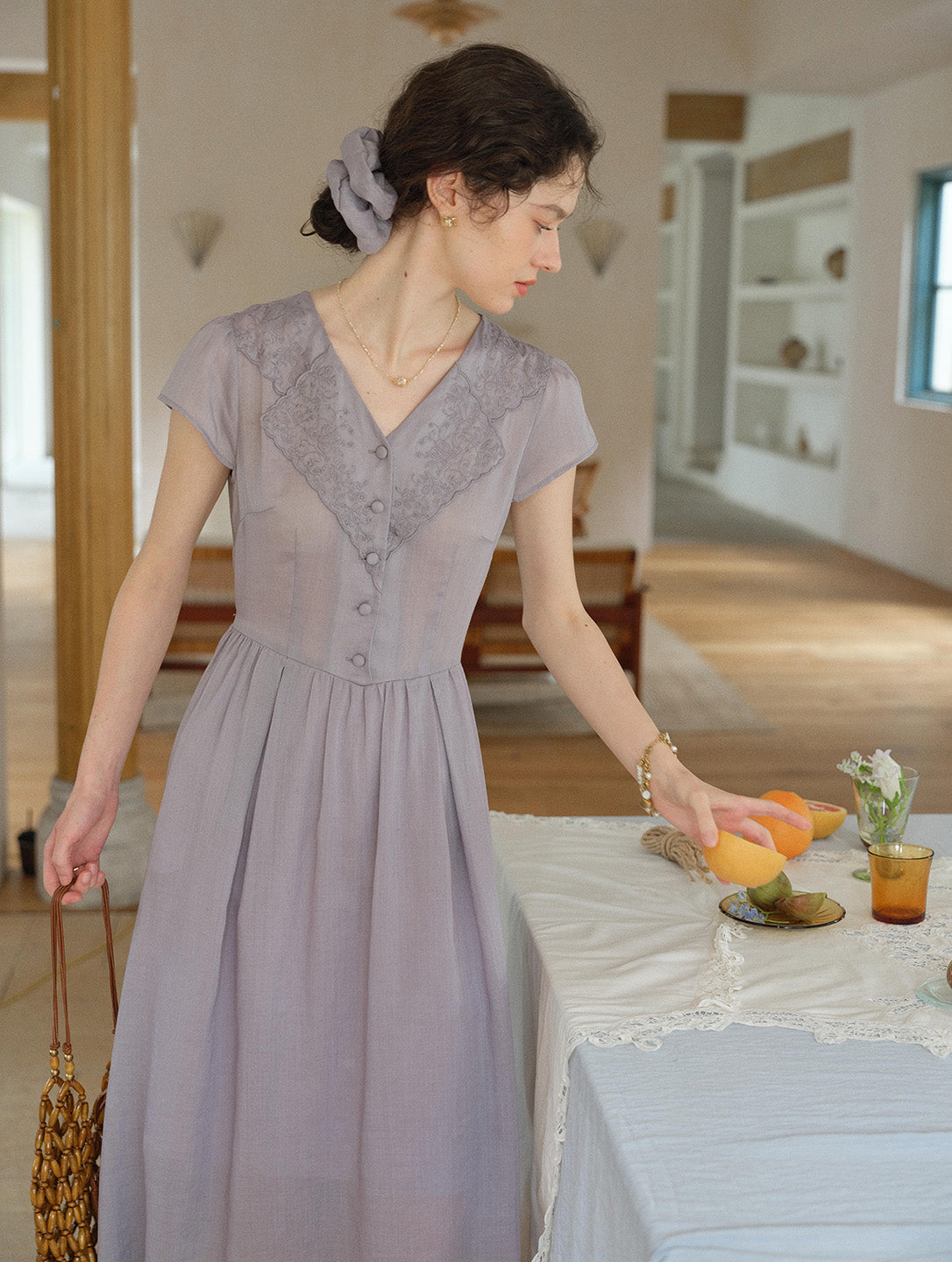 Rebecca V-Neck Embroidery Ramie Dress