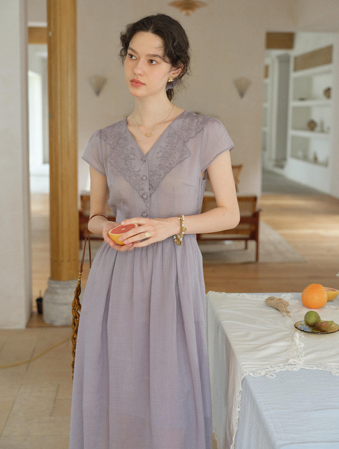 Rebecca V-Neck Embroidery Ramie Dress