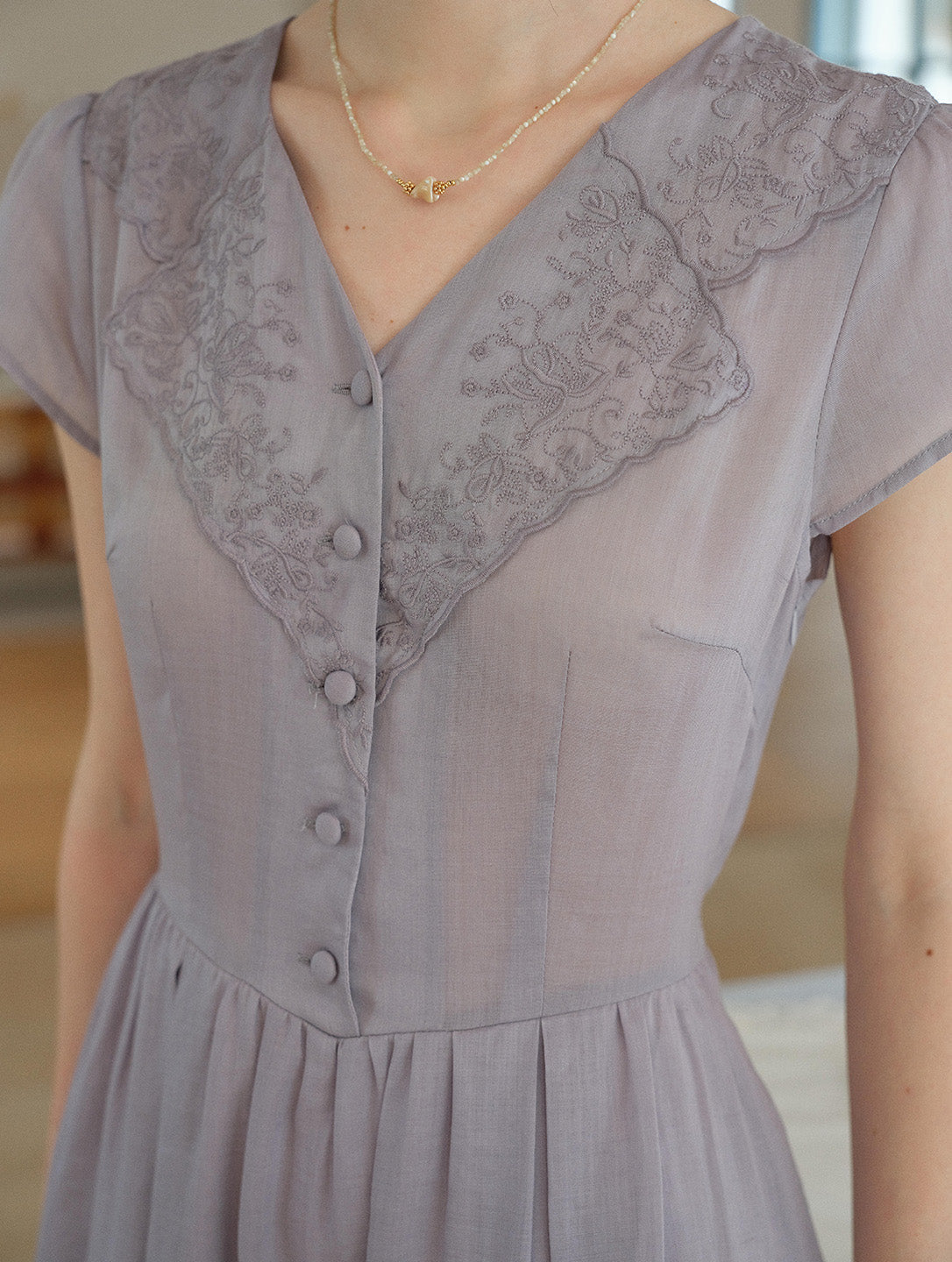 Rebecca V-Neck Embroidery Ramie Dress