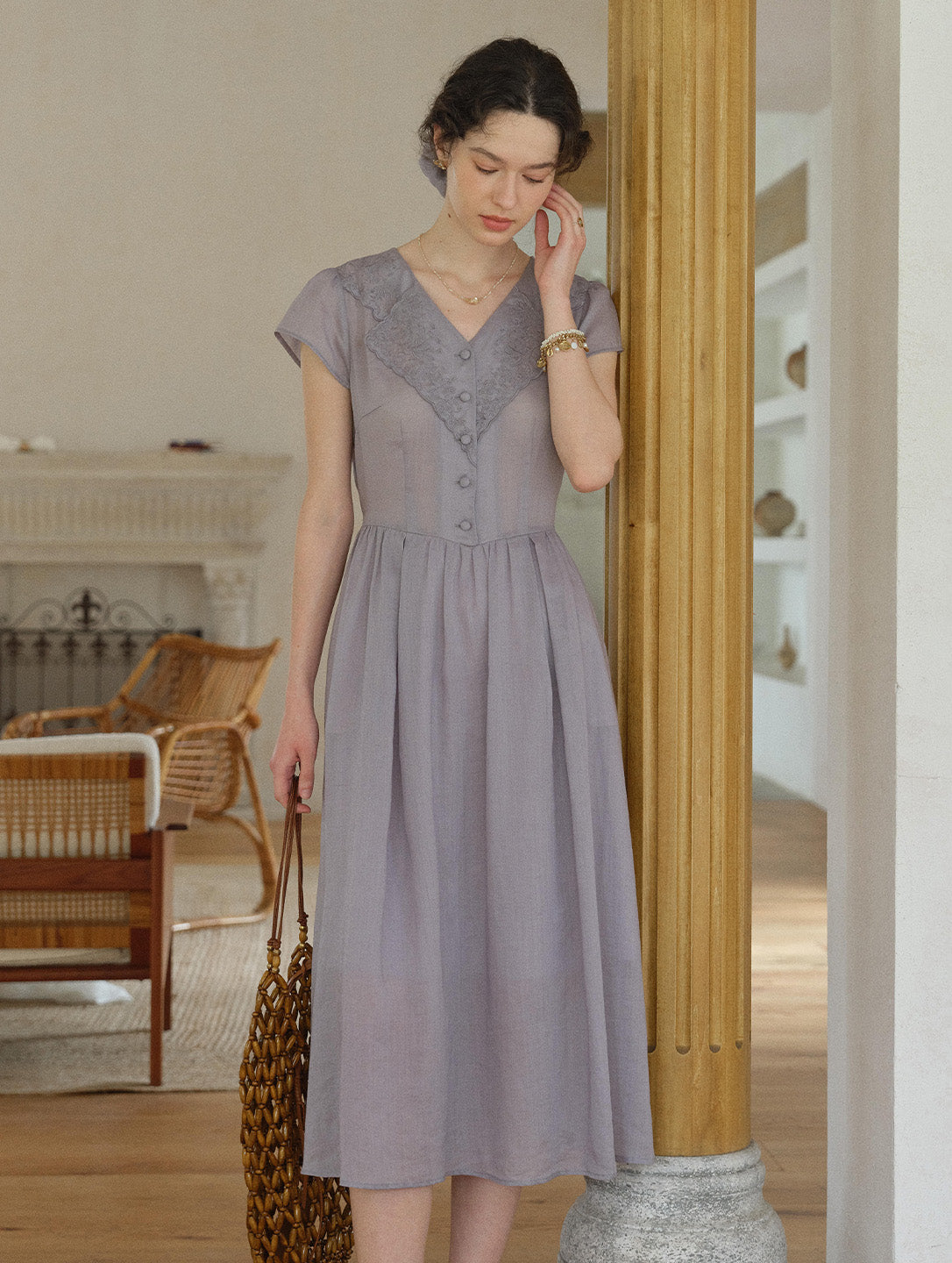 Rebecca V-Neck Embroidery Ramie Dress