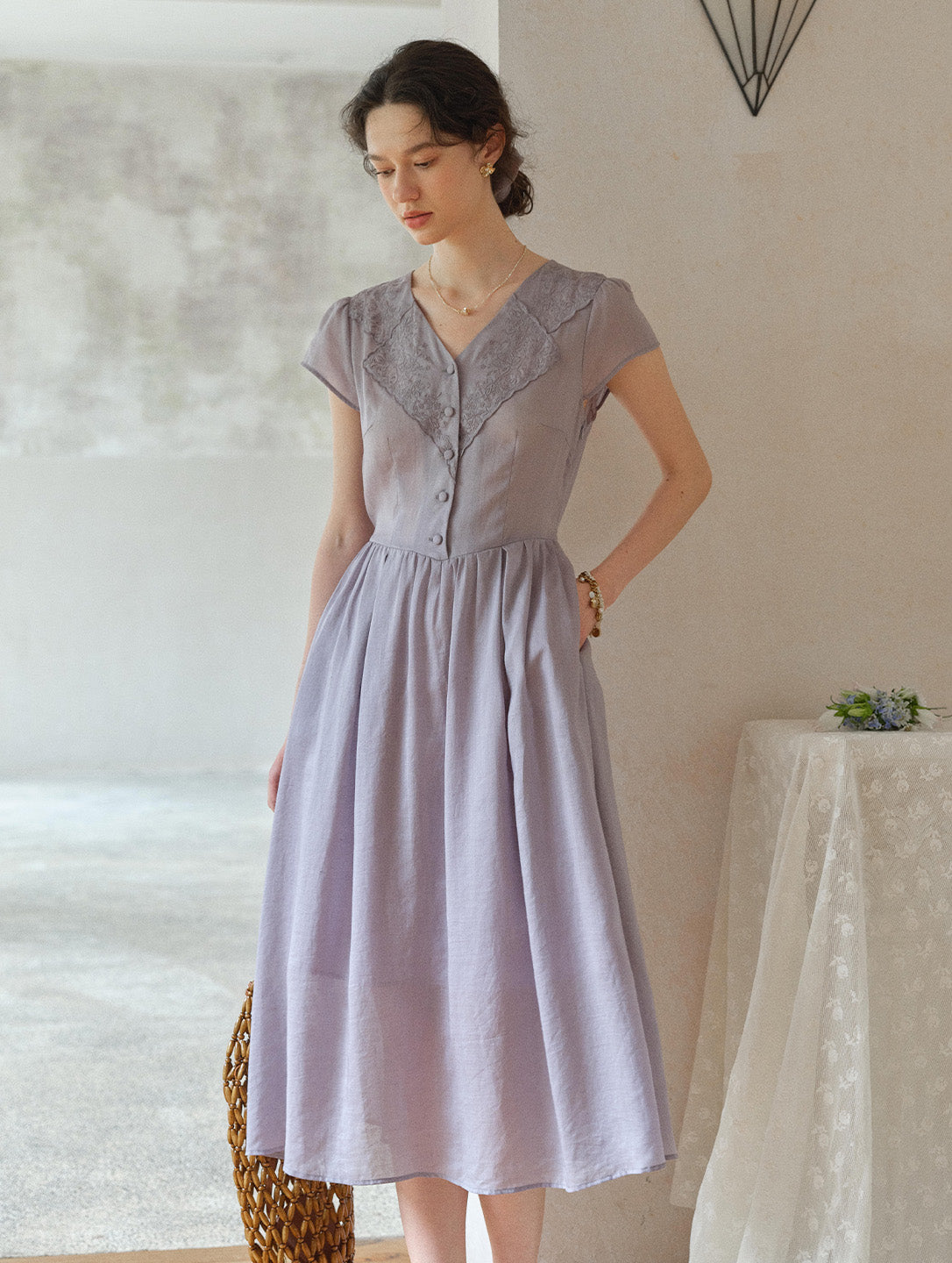 Rebecca V-Neck Embroidery Ramie Dress