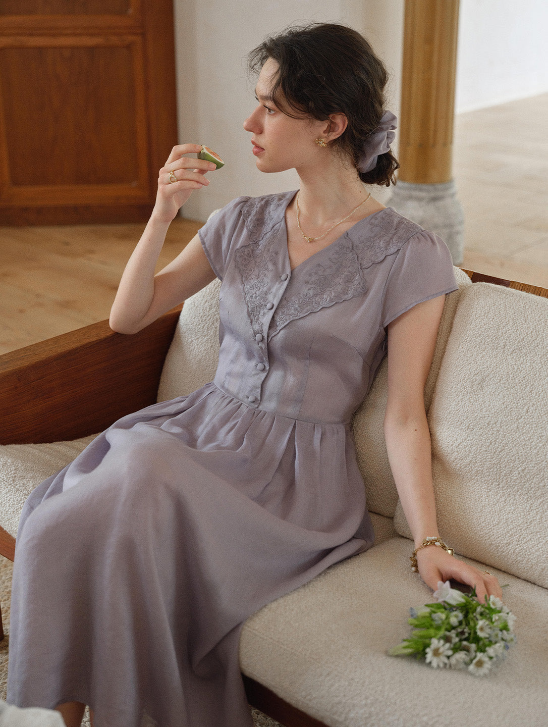 Rebecca V-Neck Embroidery Ramie Dress
