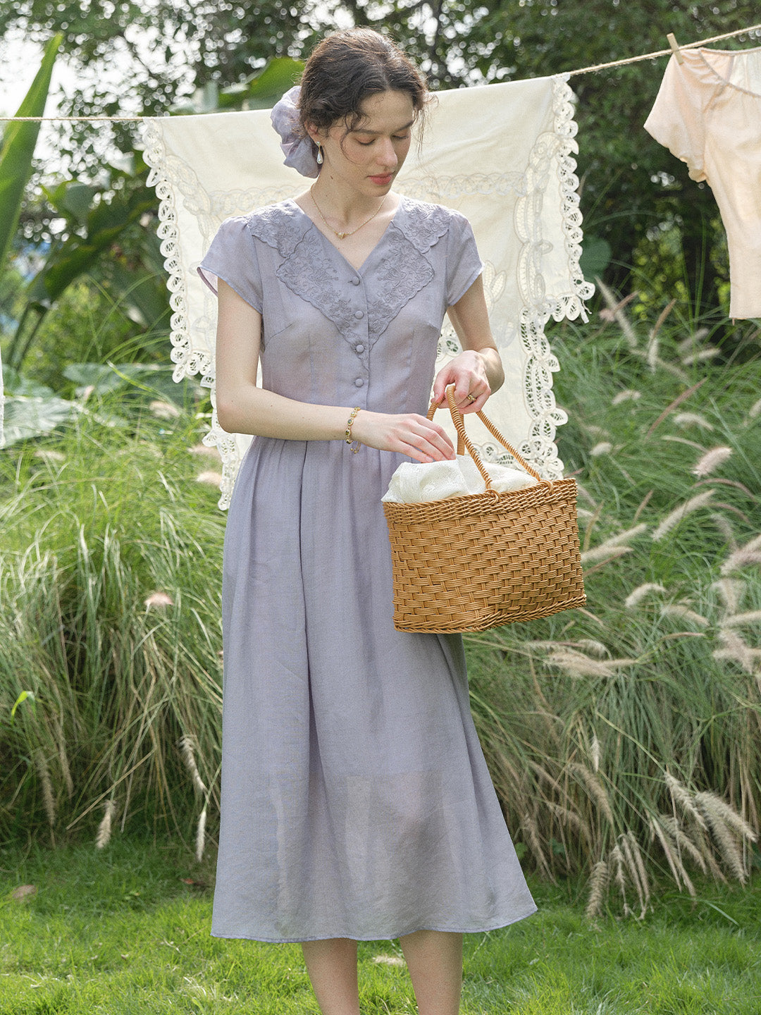 Rebecca V-Neck Embroidery Ramie Dress