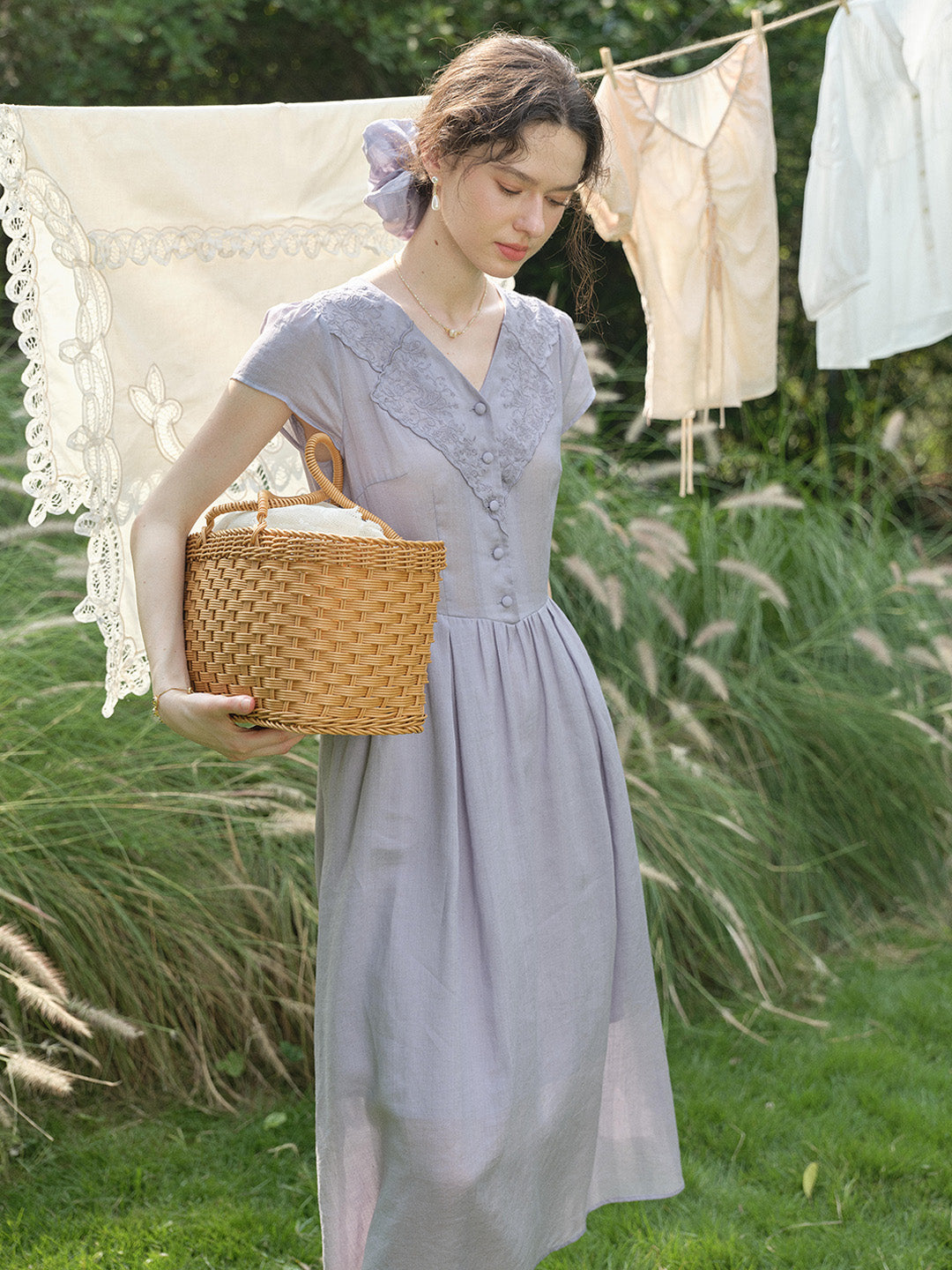 Rebecca V-Neck Embroidery Ramie Dress