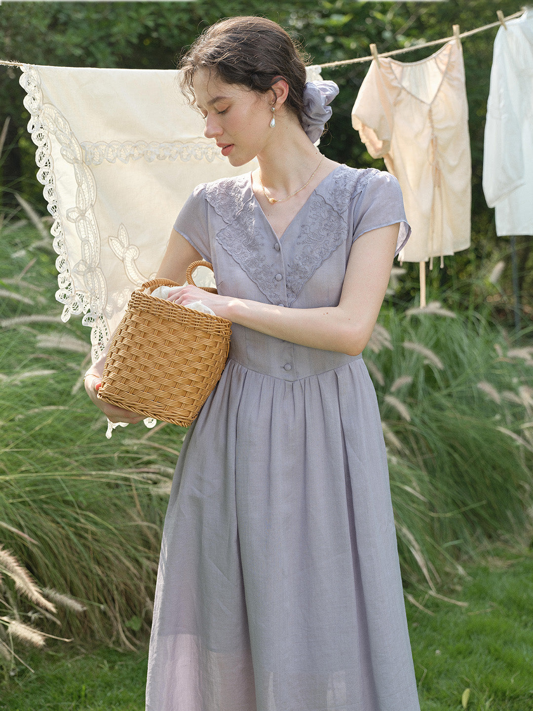 Rebecca V-Neck Embroidery Ramie Dress