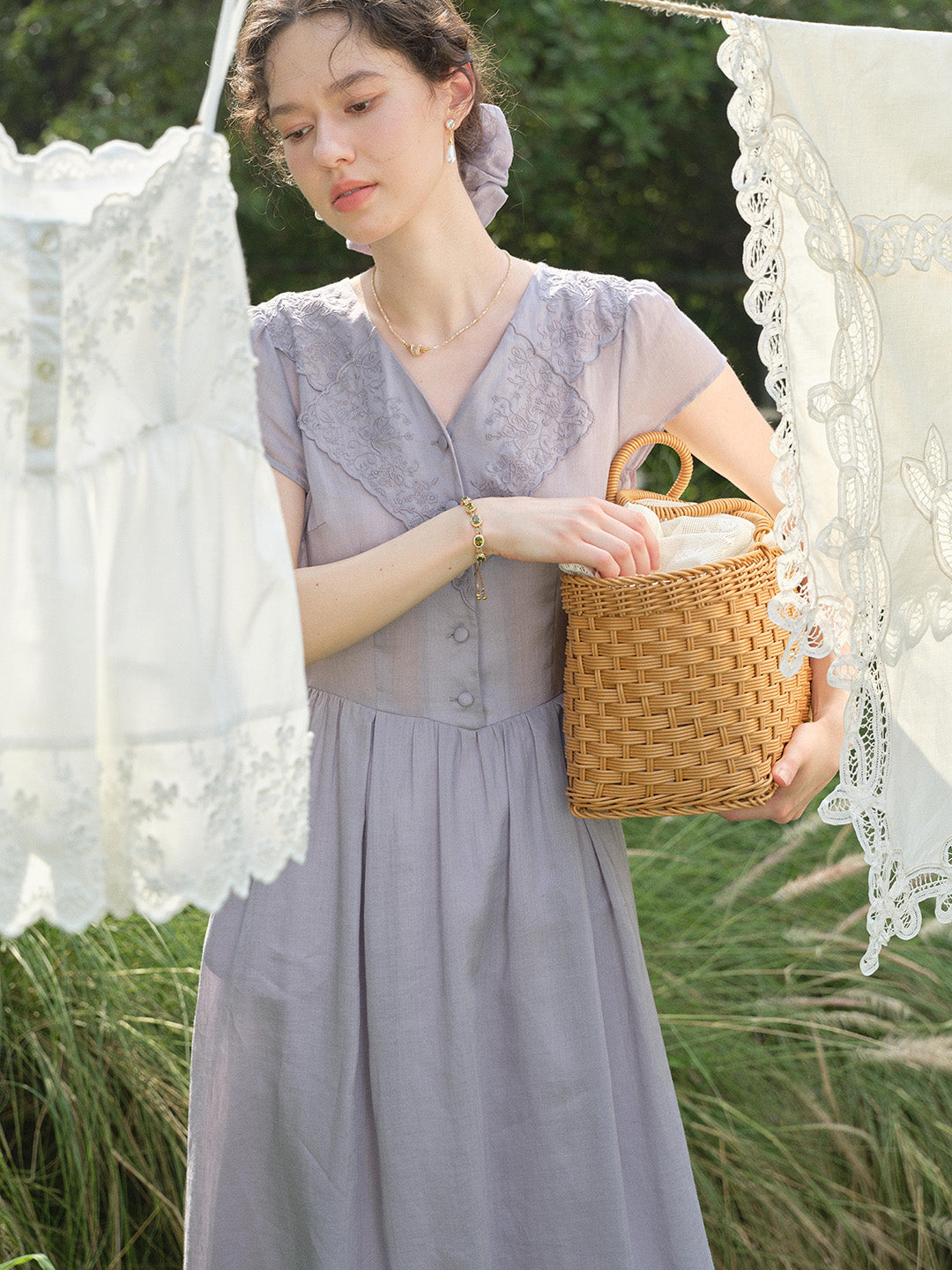 Rebecca V-Neck Embroidery Ramie Dress