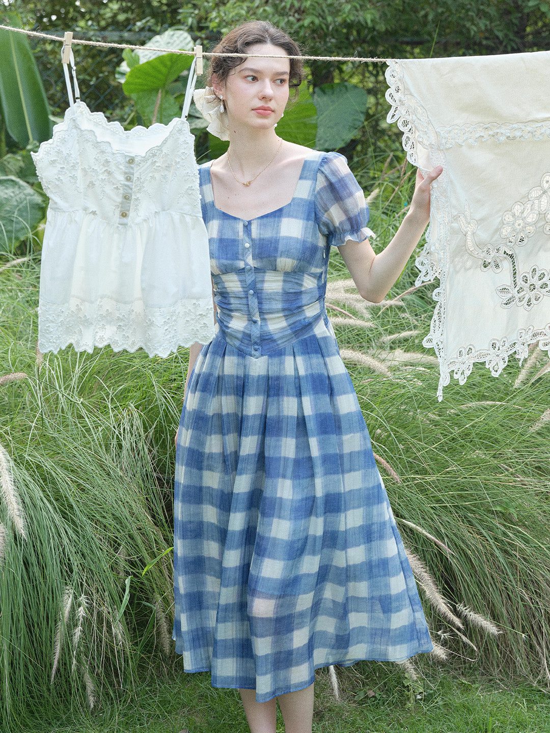 Cleo Sweetheart Neck Plaid Dress