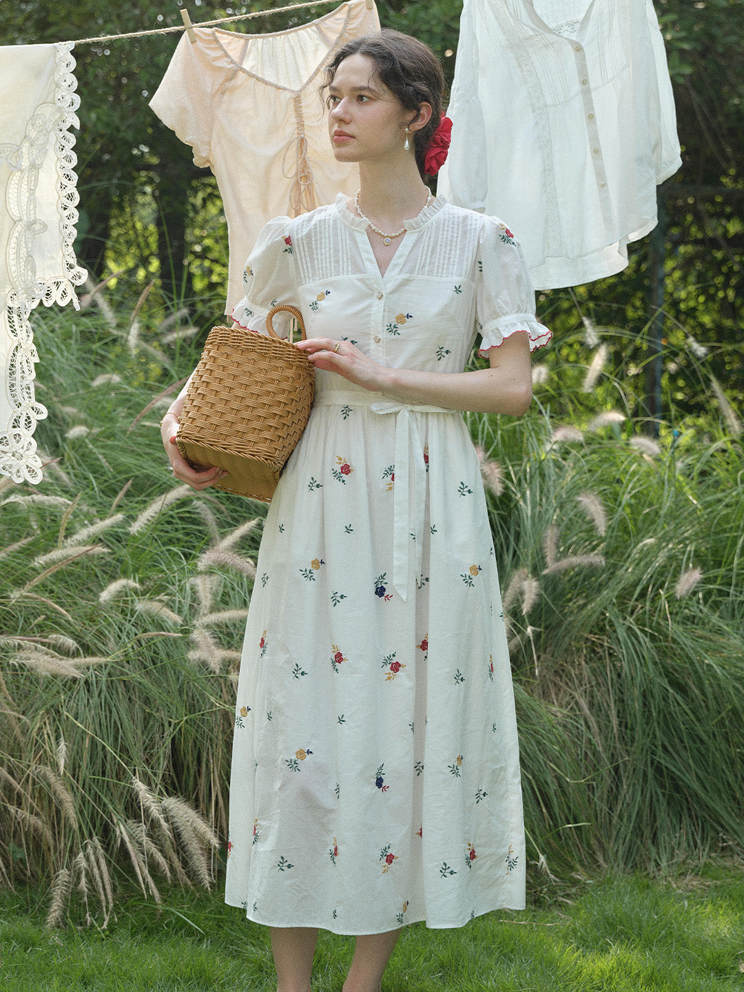Aitana Rose Embroidered V-neck Puff Sleeve Lace Cotton Dress