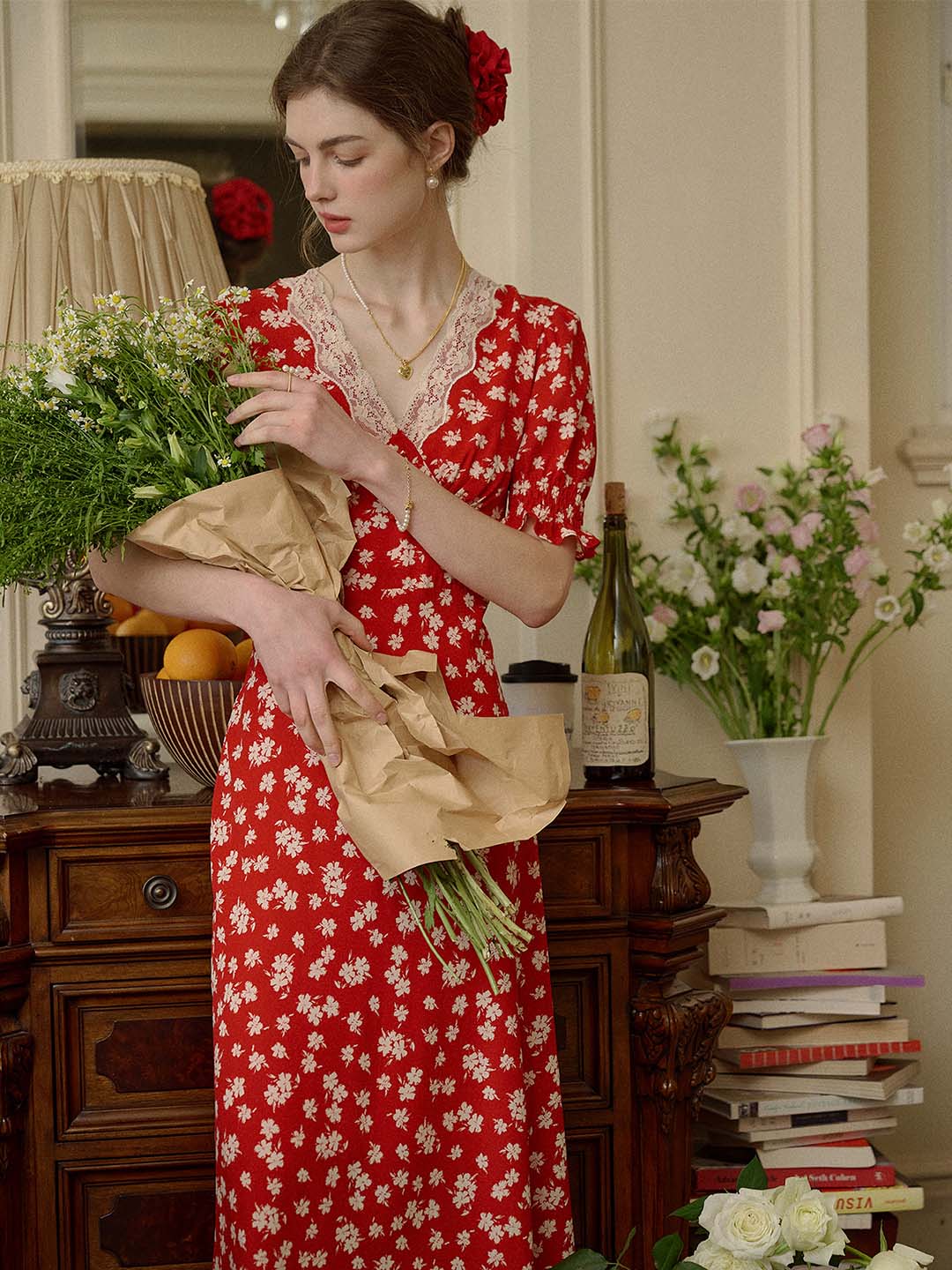 Stormi Charming V-neck Lace Trimmed Floral Print Dress