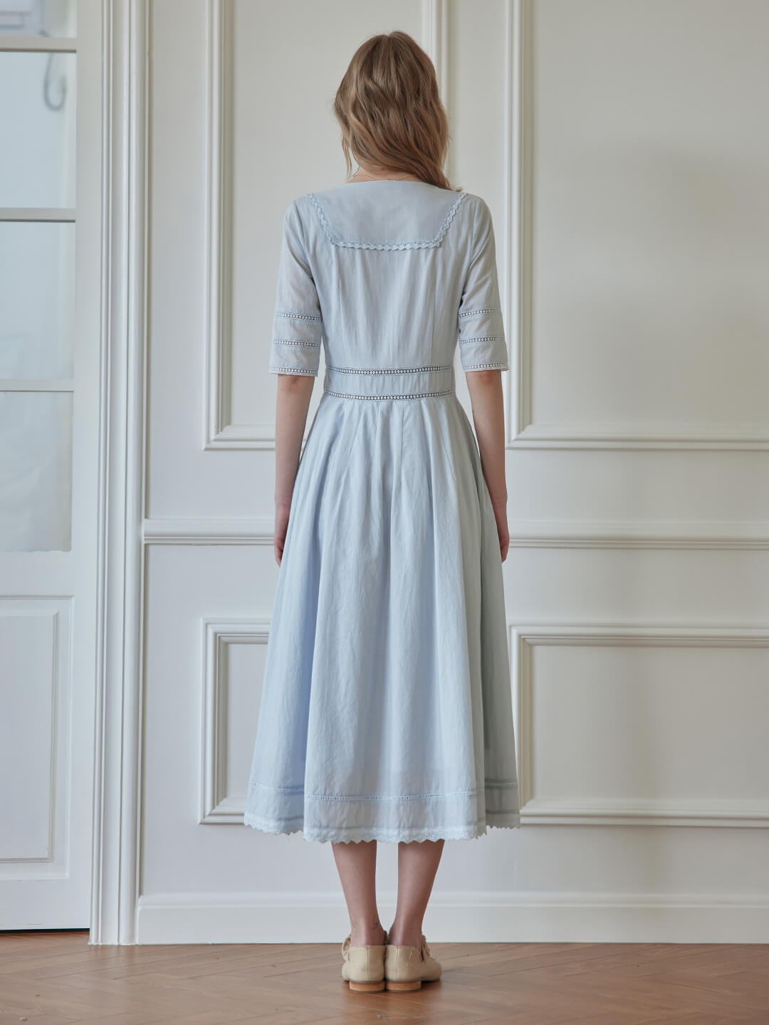 Fiona 100% Cotton Gray Blue Midi Dress