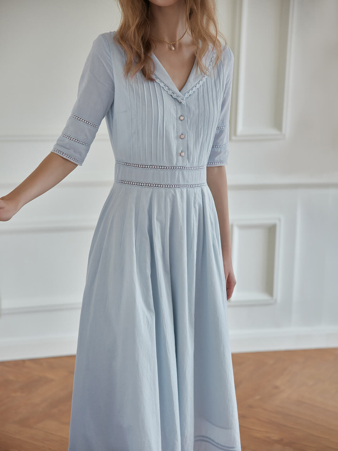Fiona 100% Cotton Gray Blue Midi Dress
