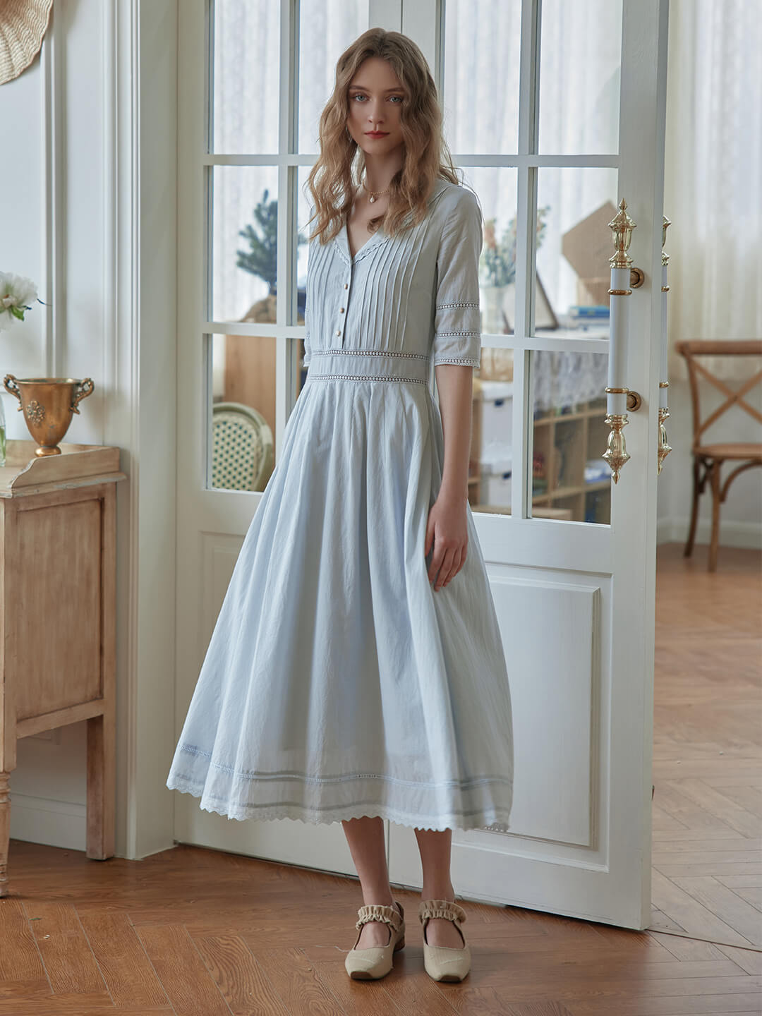 Fiona 100% Cotton Gray Blue Midi Dress