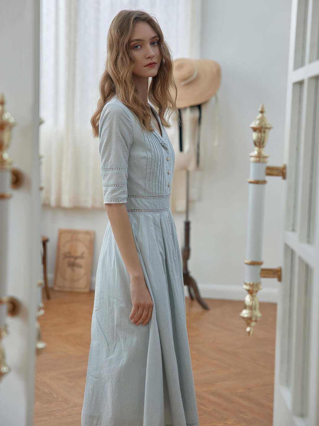 Fiona 100% Cotton Gray Blue Midi Dress
