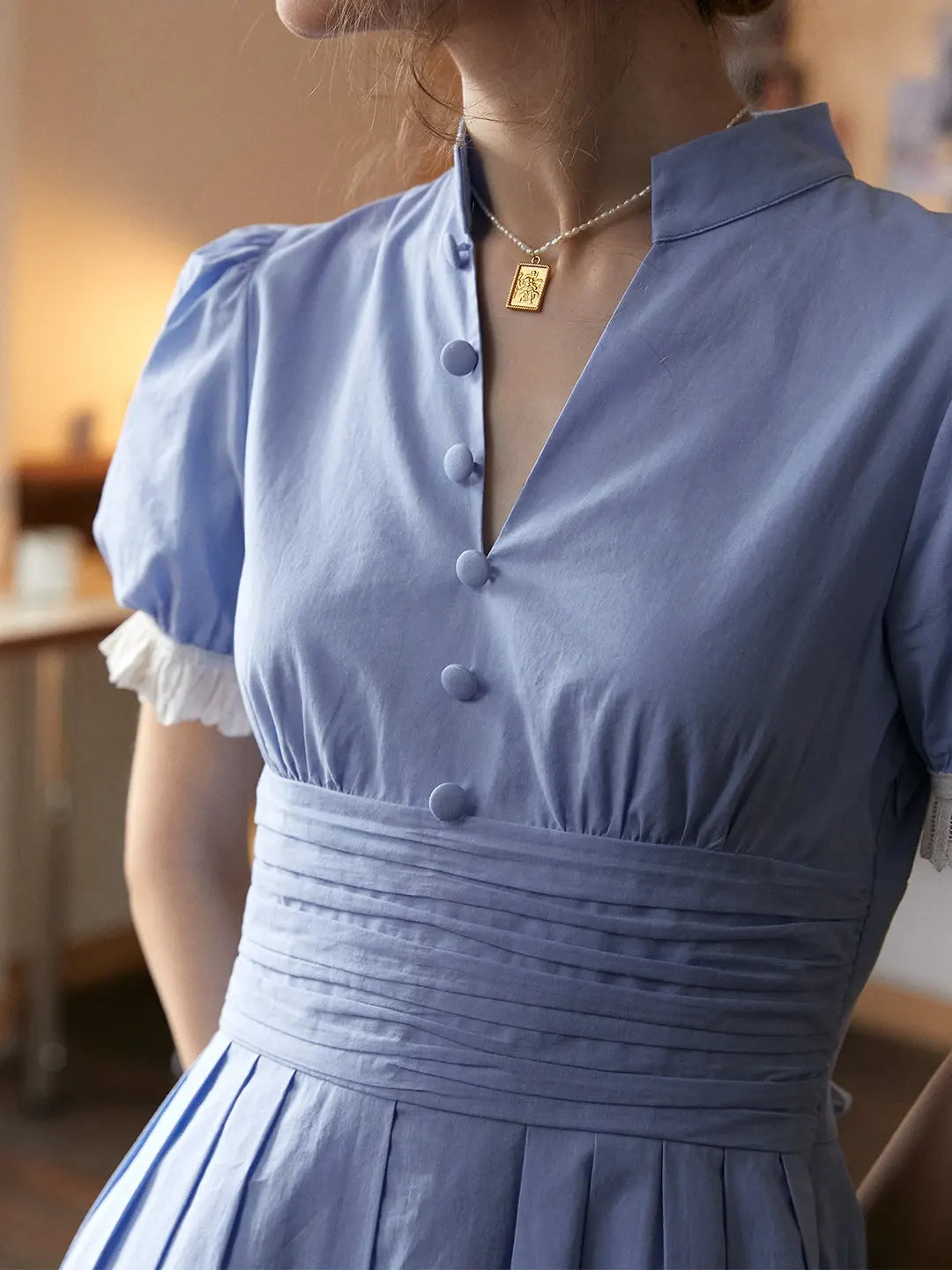 Ocean V-Neck Puff Sleeves 100% Cotton Dress