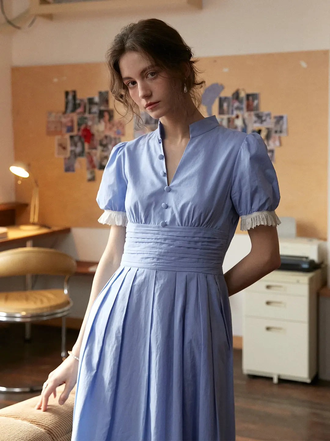 Ocean V-Neck Puff Sleeves 100% Cotton Dress