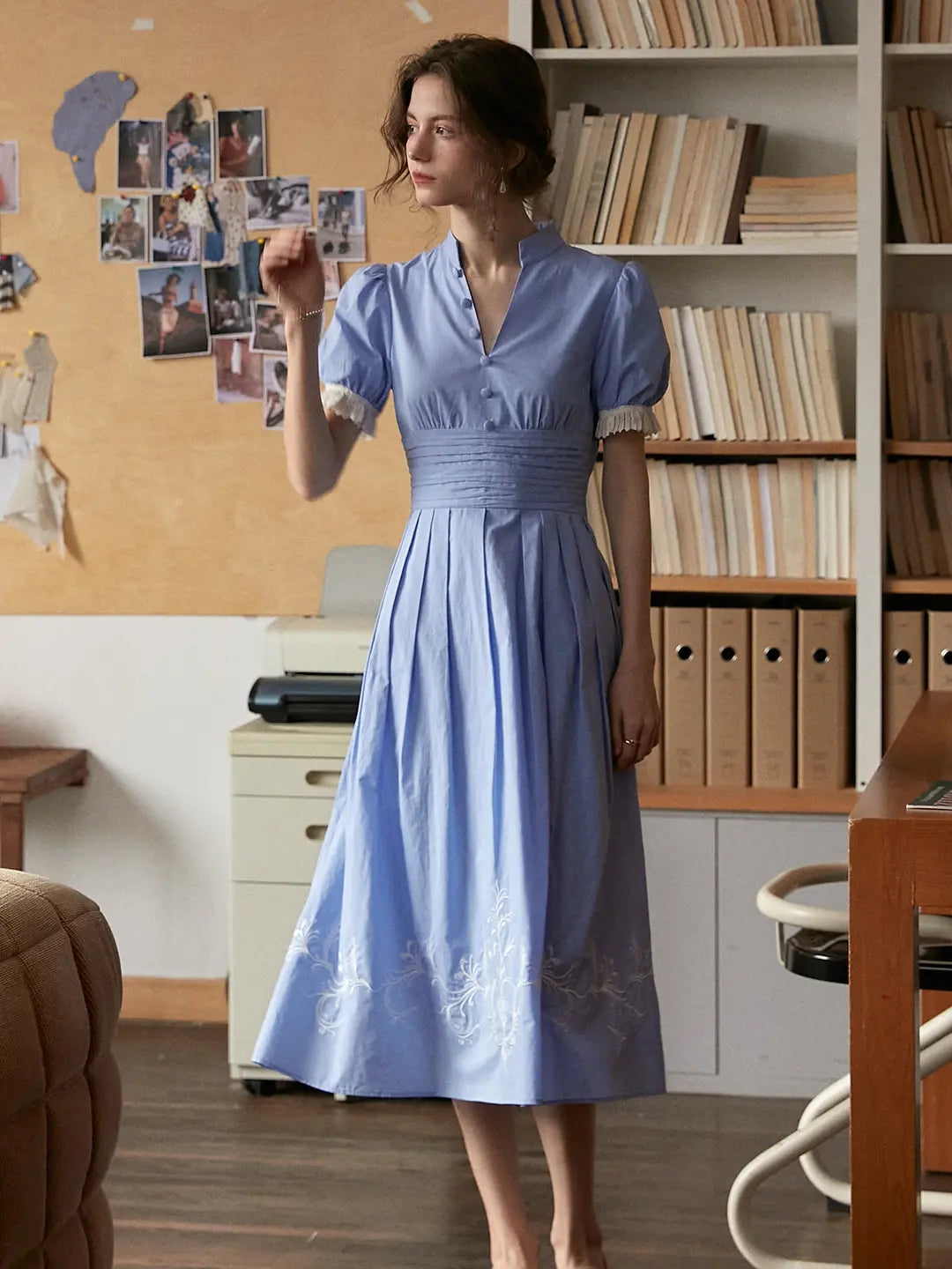 Ocean V-Neck Puff Sleeves 100% Cotton Dress