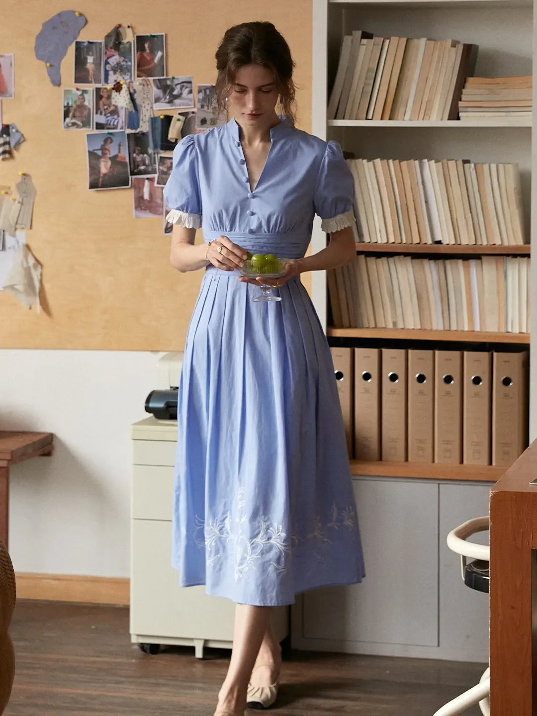 Ocean V-Neck Puff Sleeves 100% Cotton Dress