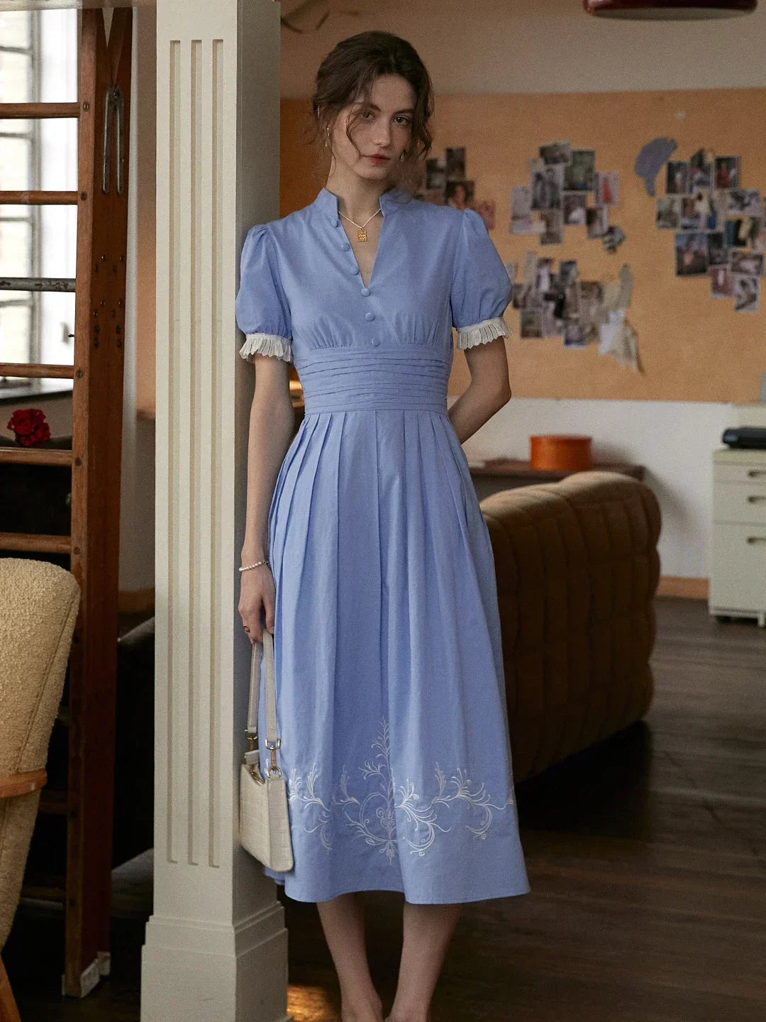 Ocean V-Neck Puff Sleeves 100% Cotton Dress