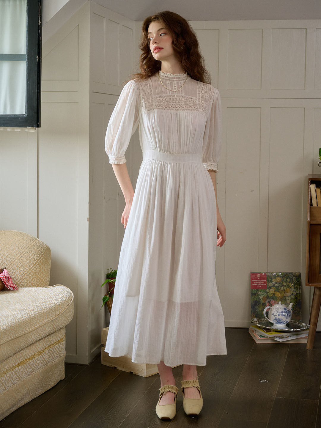 Averie Lace Panel White Cotton Dress