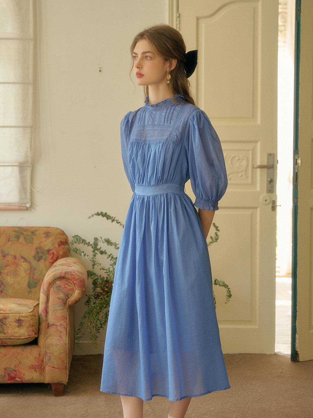 Averie Lace Panel Blue Cotton Dress