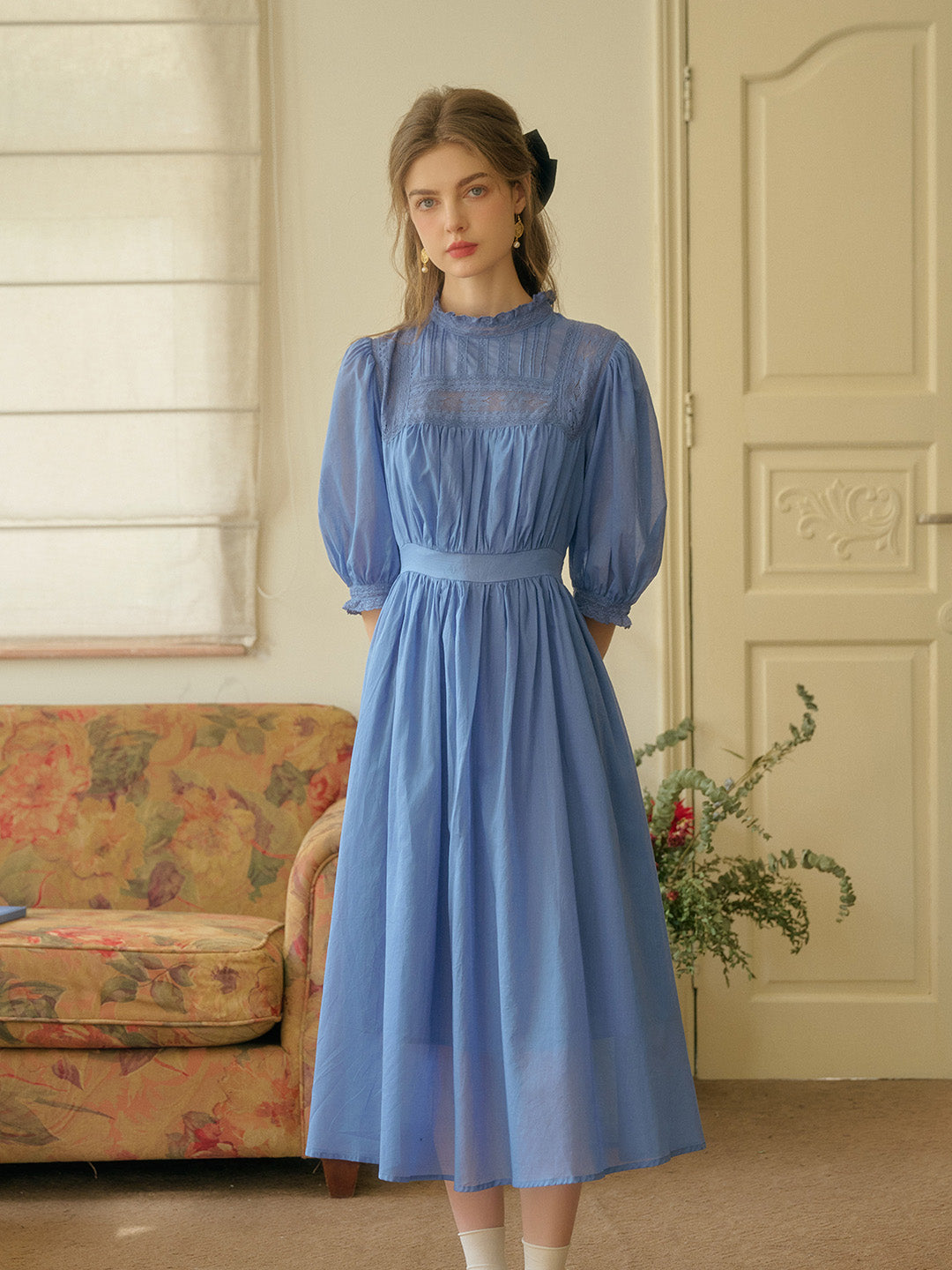 Averie Lace Panel Blue Cotton Dress