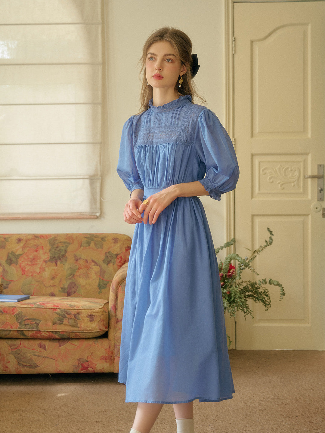 Averie Lace Panel Blue Cotton Dress