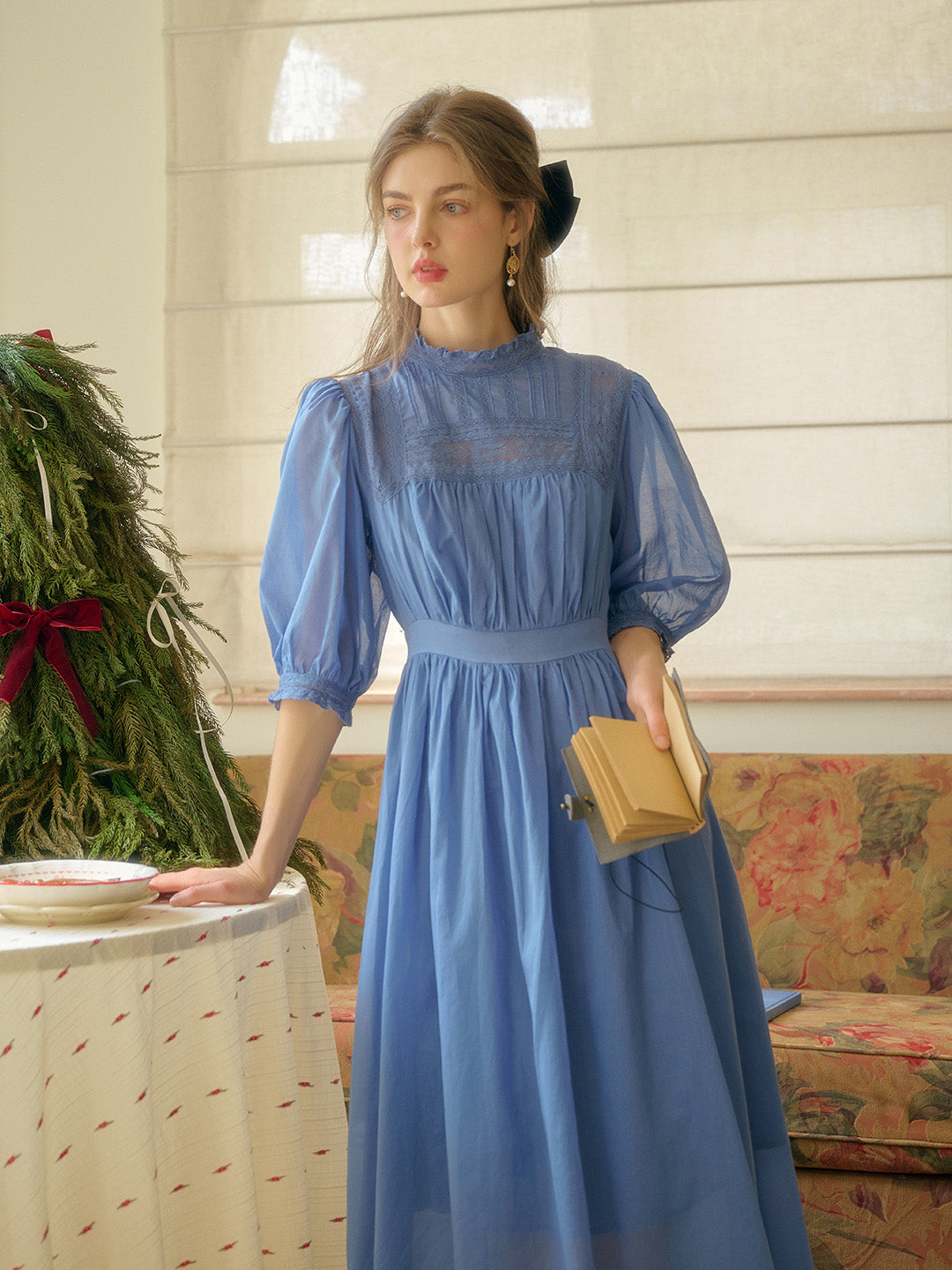Averie Lace Panel Blue Cotton Dress