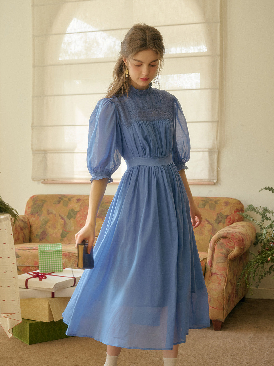 Averie Lace Panel Blue Cotton Dress