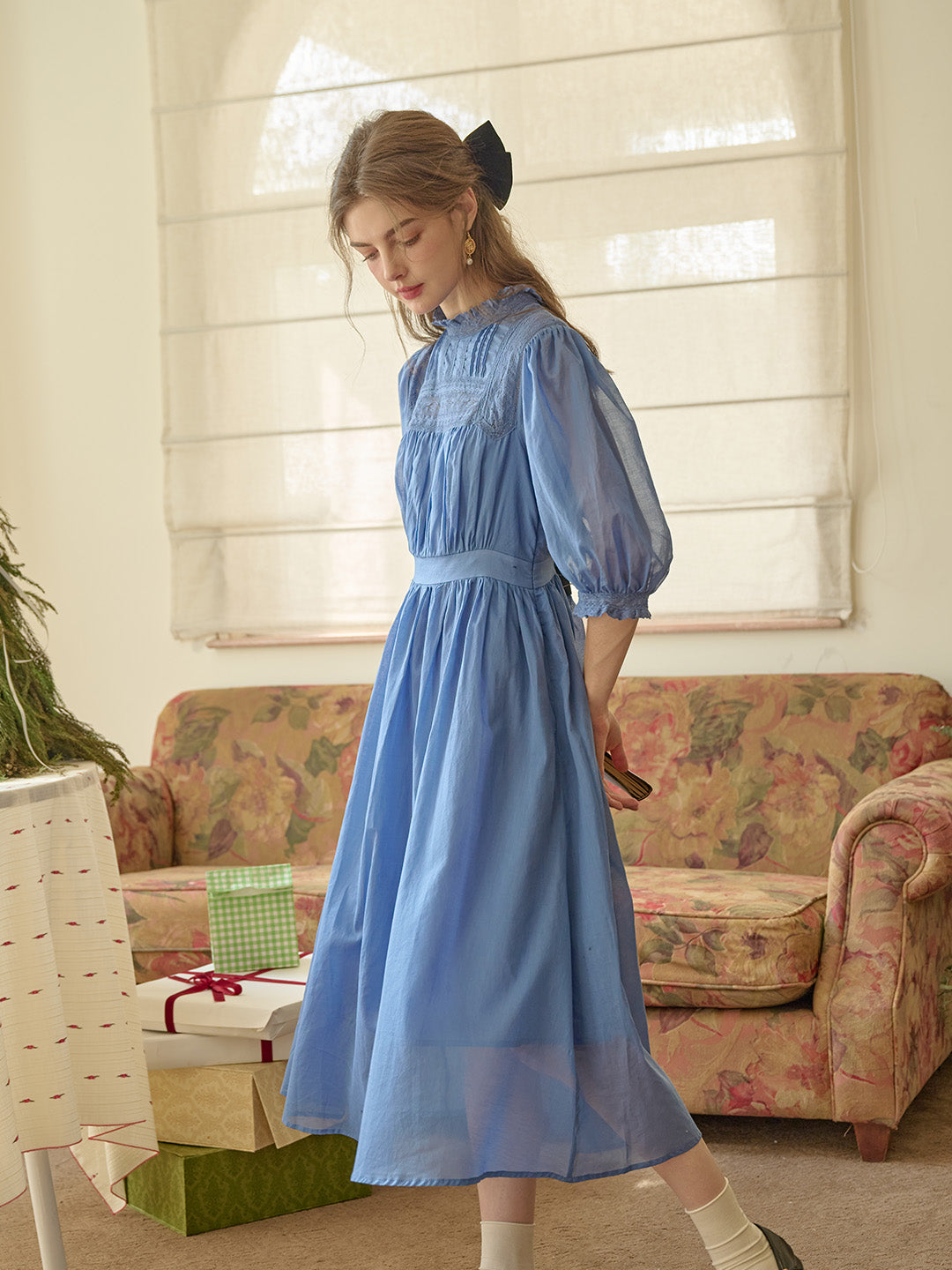 Averie Lace Panel Blue Cotton Dress