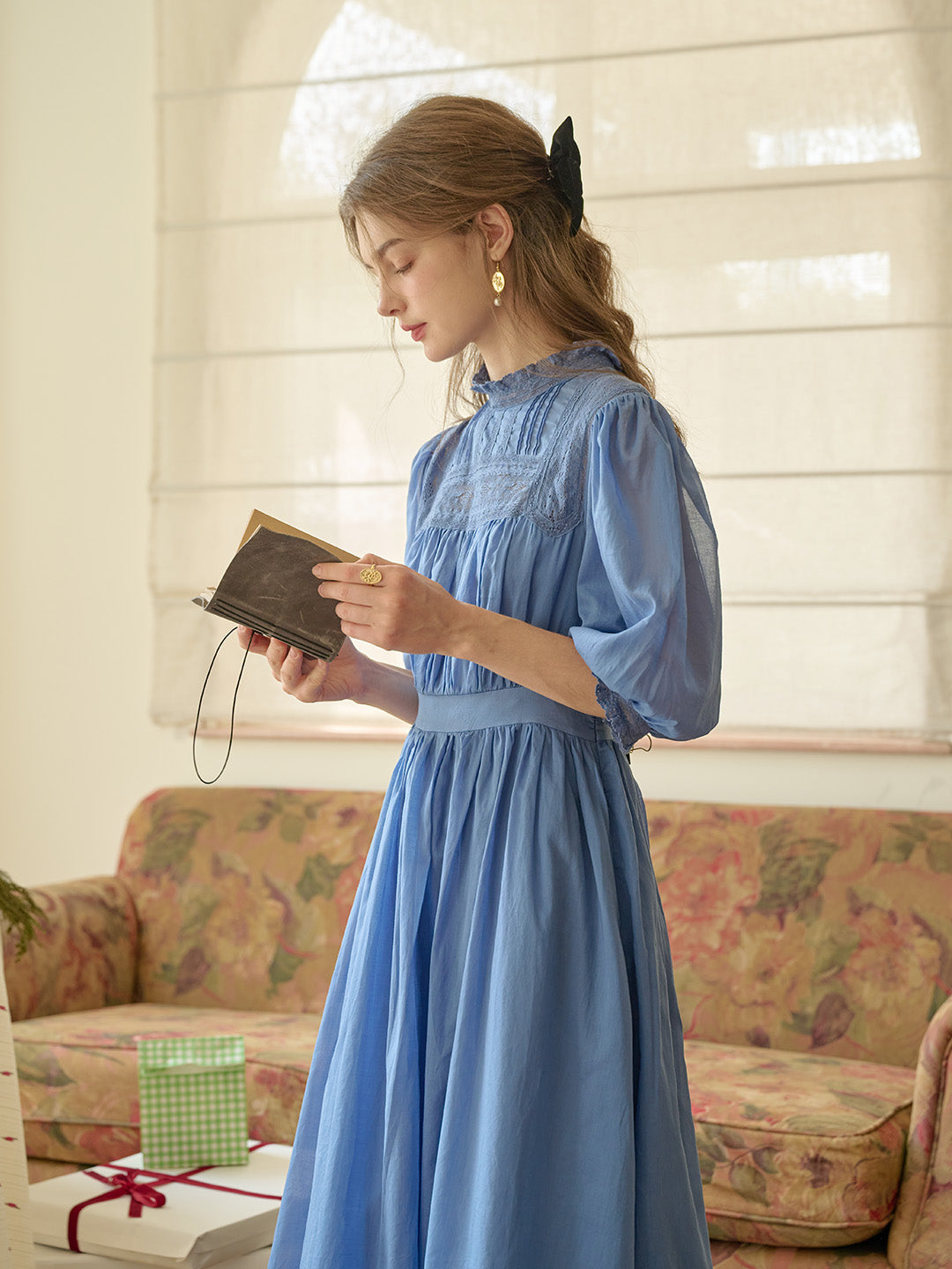 Averie Lace Panel Blue Cotton Dress